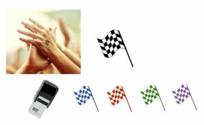 CHEQUERED FLAG Hand Stamp - Ideal for events/parties etc. 28mm x 28mm Choice of colours